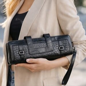 Bunny black faux alligator crocodile leather clutch slim wristlet purse handbag